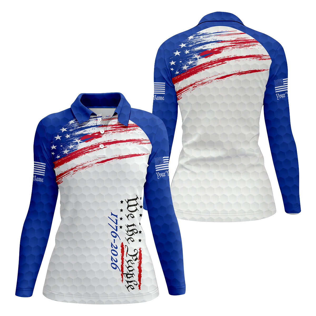 We The People 1776-2926 American Flag Brush Blue Golf Shirt, 250 Years Patriotic 4th Of July Golf Shirt For Women