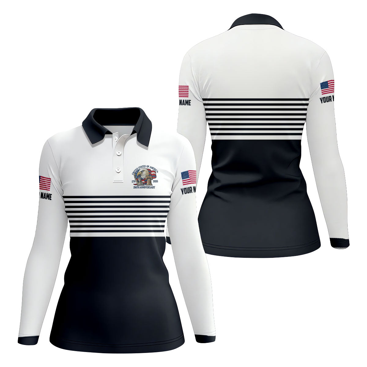 250th Anniversary Black Stripes Vintage Golf Shirt, Patriotic 4th Of July Golf Shirt For Women