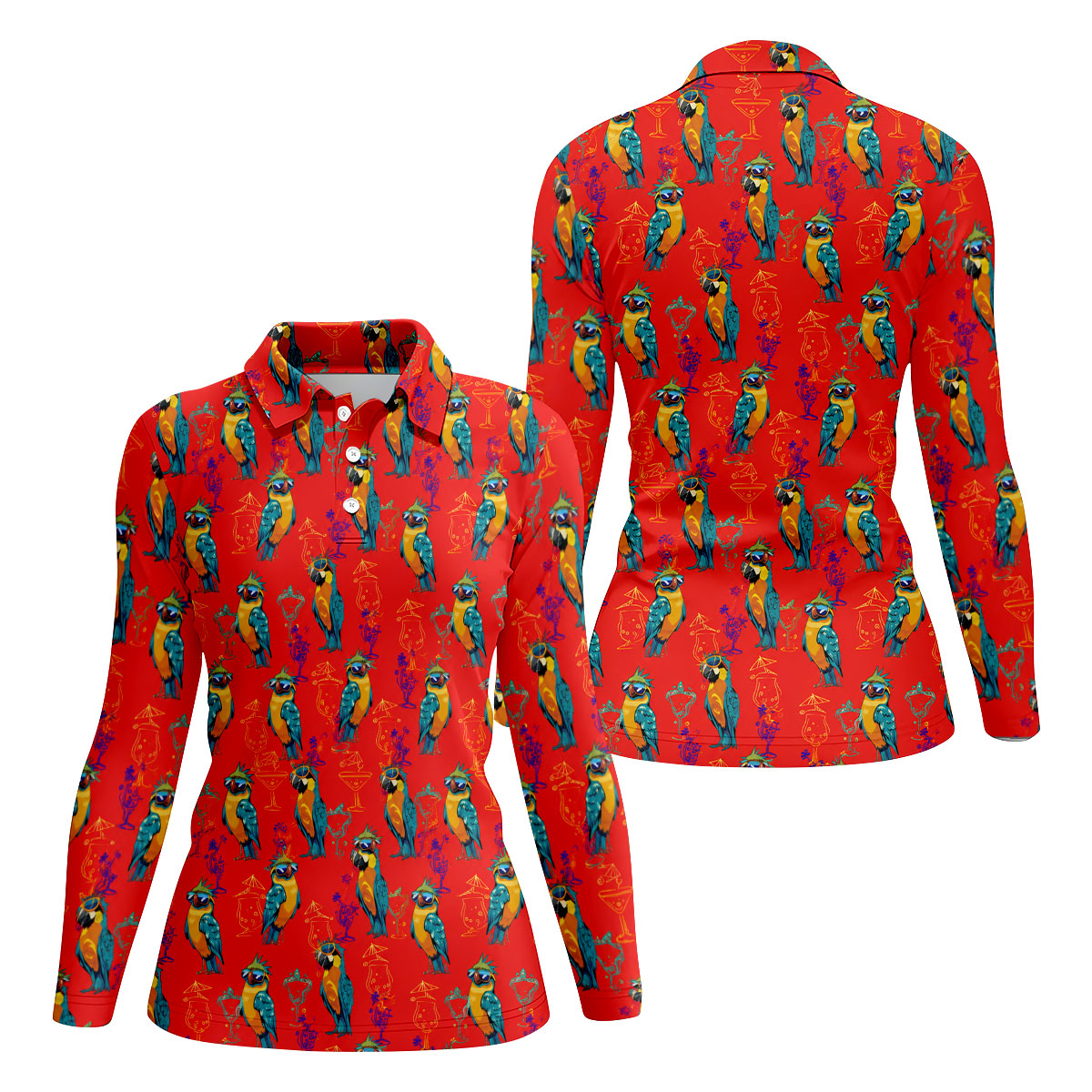 Red Parrot Sunglasses Cocktail Pattern Golf Shirt, Hawaiian Golf Shirt, Golf Tops For Women, Women’s Golf Apparel
