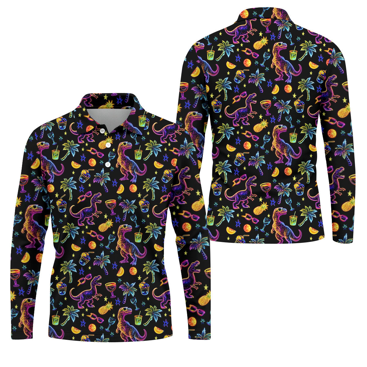 Neon Dinosaur Tropical Theme Hawaiian Golf Shirt, Polo Shirtor Men, Golfing Apparel