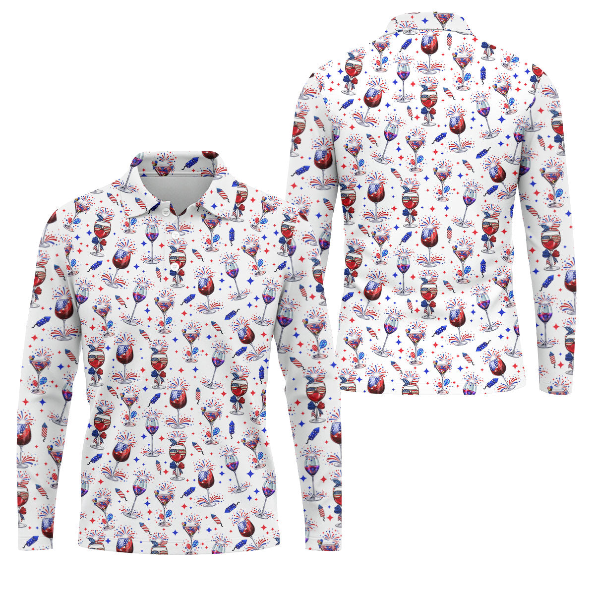 Wine And Martini American Flag Pattern Patriotic 4th Of July White Golf Shirt, 250th Anniversary Golf Shirts For Men