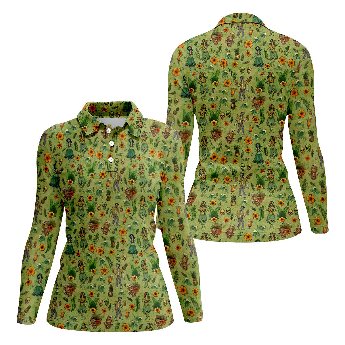 Tiki Zombie Hawaiian Golf Shirt, Hula Dancer Skull Pattern, Polo Shirts For Women