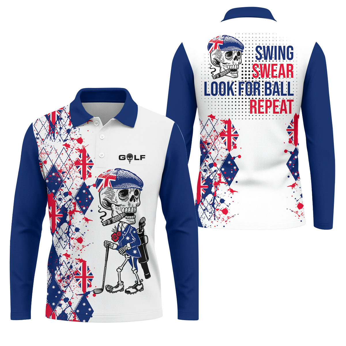 Swing Swear Look For Ball Repeat Australia Flag Print Skeleton Golfer Argyle Golf Shirt, Polo Shirtor Men