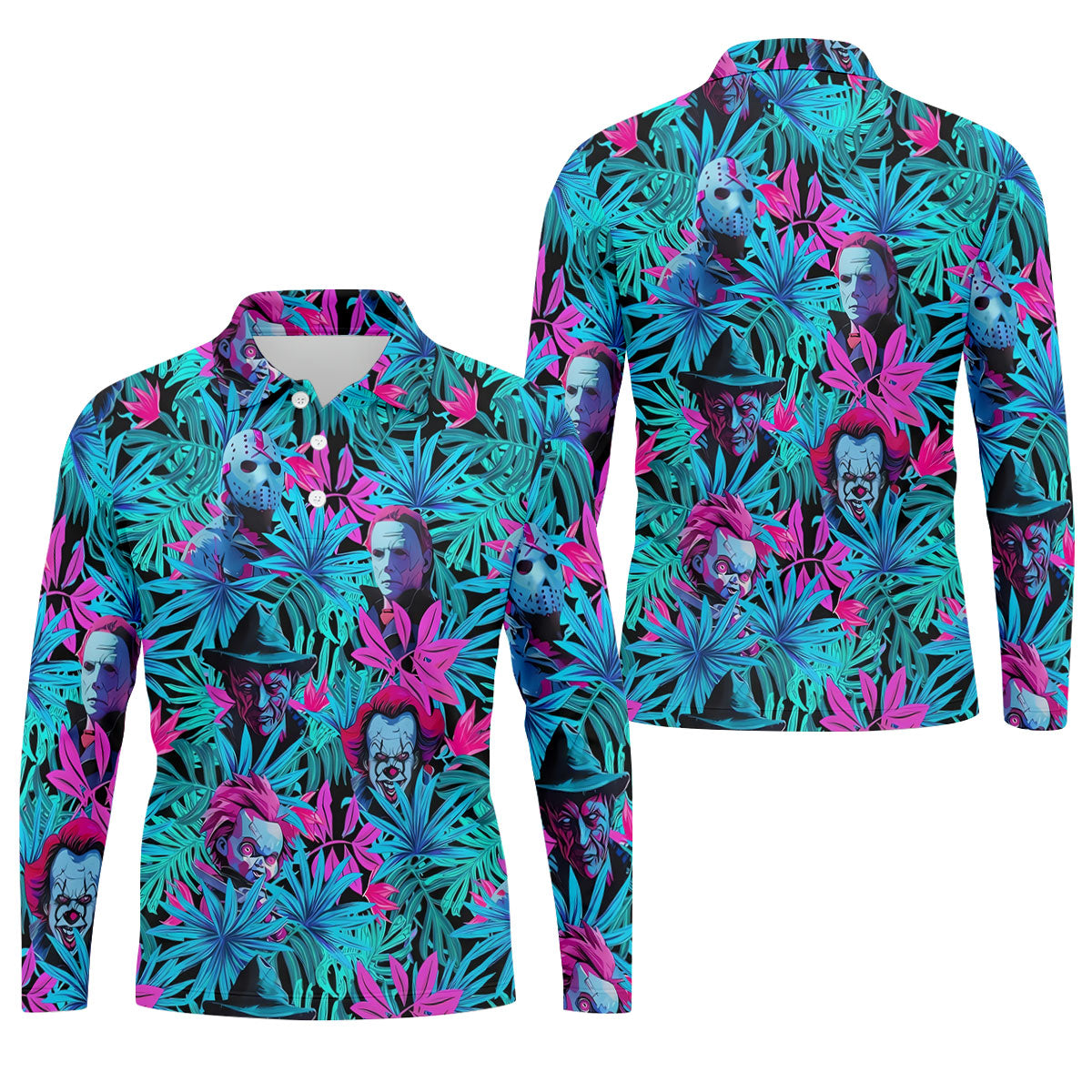 Neon Halloween Horror Character Hawaiian Golf Shirt, Men's Golf Shirt, Printed Golf Polo Shirt