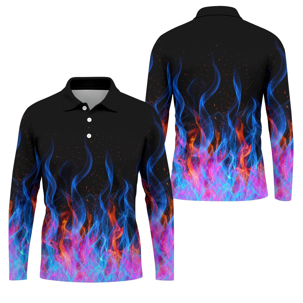 Black Blue Flame Fire Pattern Golf Shirt, Men's Golf Shirt, Mens Polo Shirts, Printed Golf Shirts