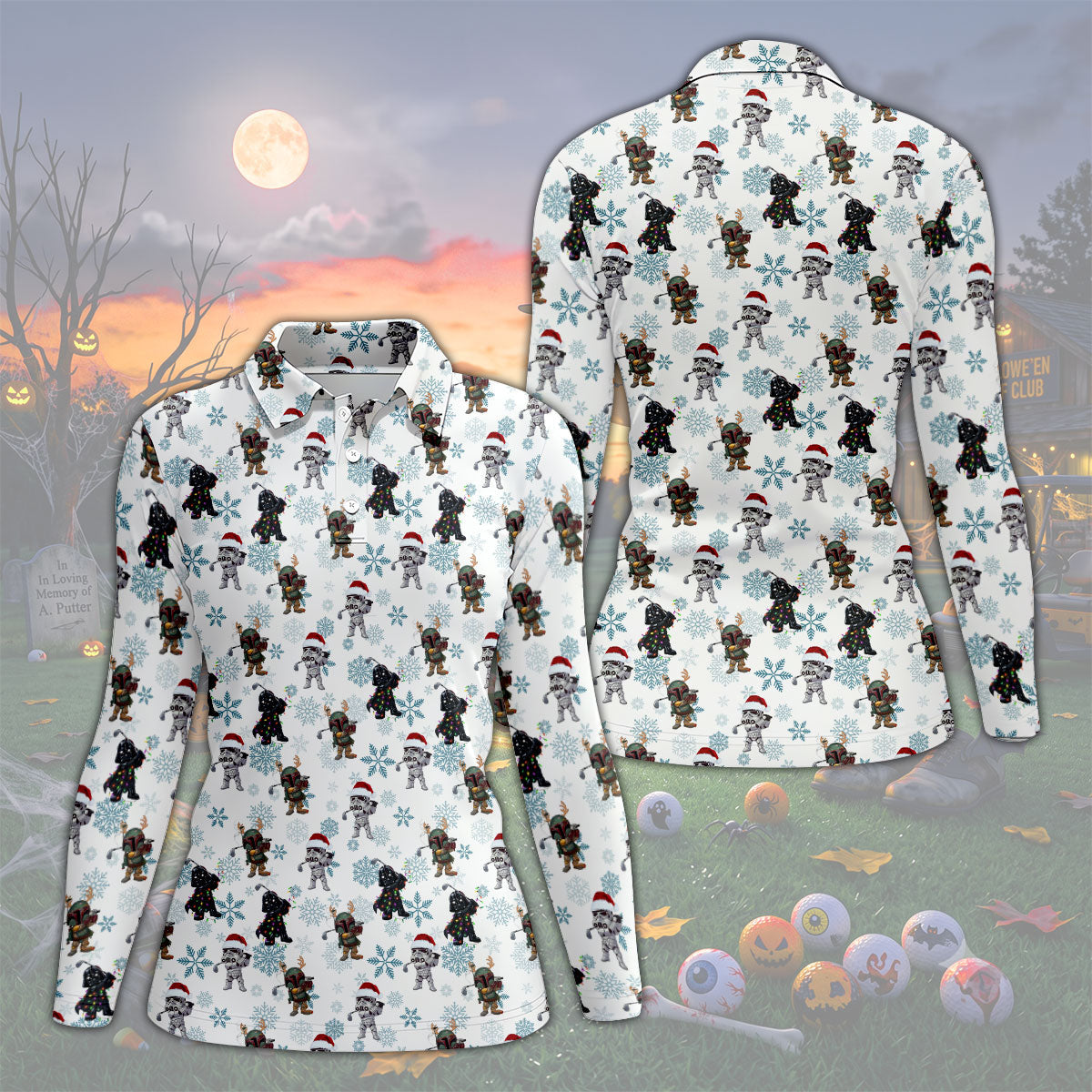 Christmas Space Characters Pattern Polo Shirt, Golf Shirts For Women, Women’s Golf Apparel