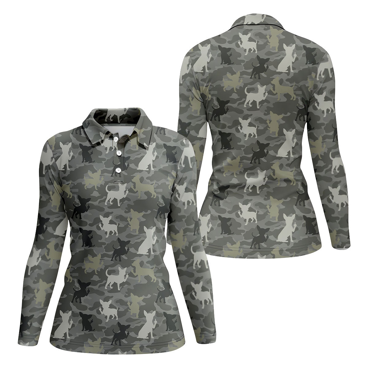 Grey Camo Chihuahua Dog Pattern Golf Polo Shirt, Women's Golf Shirt, Ladies Polo Shirt, Womens Golf Top