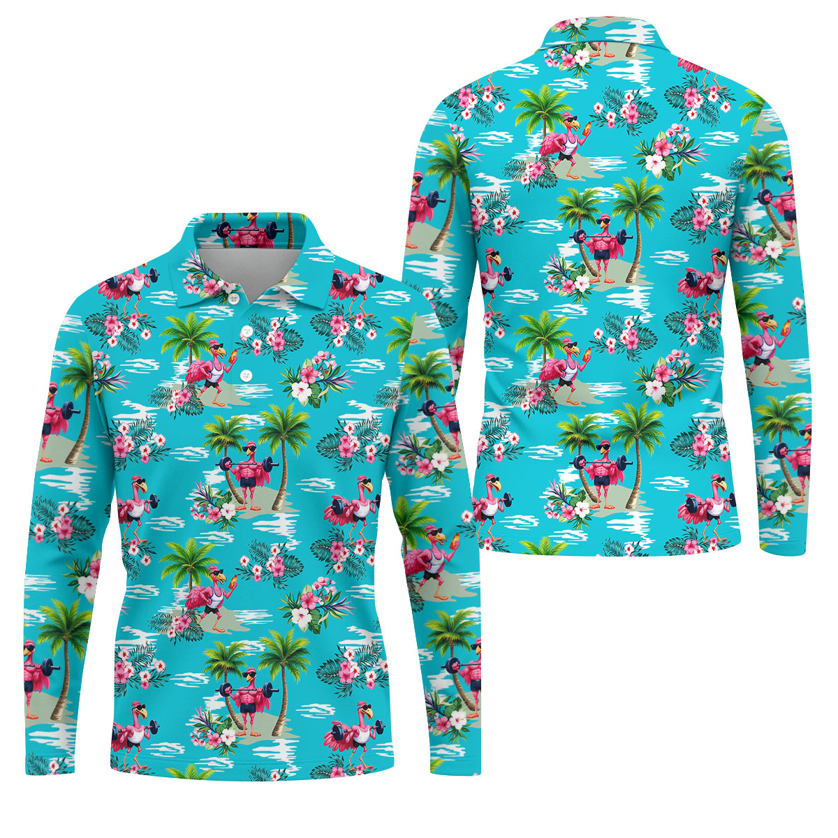 Funny Weightlifting Flamingo Tropical Hawaiian Golf Shirt, Mens Golf Polo, Printed Golf Shirts