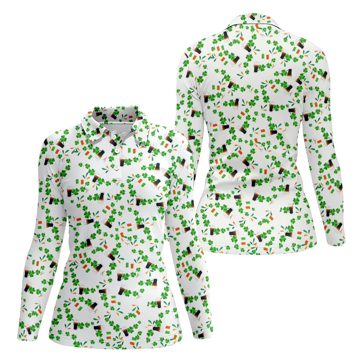 Dark Stout Beer St Patrick's Day Shamrocks White Golf Shirt, Women's Golf Tops, Ladies Golf Shirt