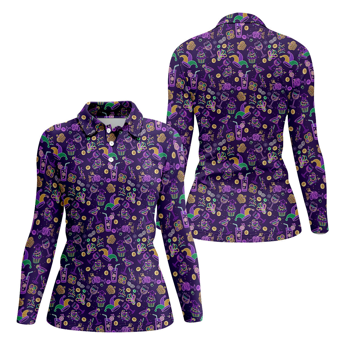 Mardi Gras Food Green Gold Purple Women's Golf Tops, Women's Golf Shirts, Ladies Golf Polos