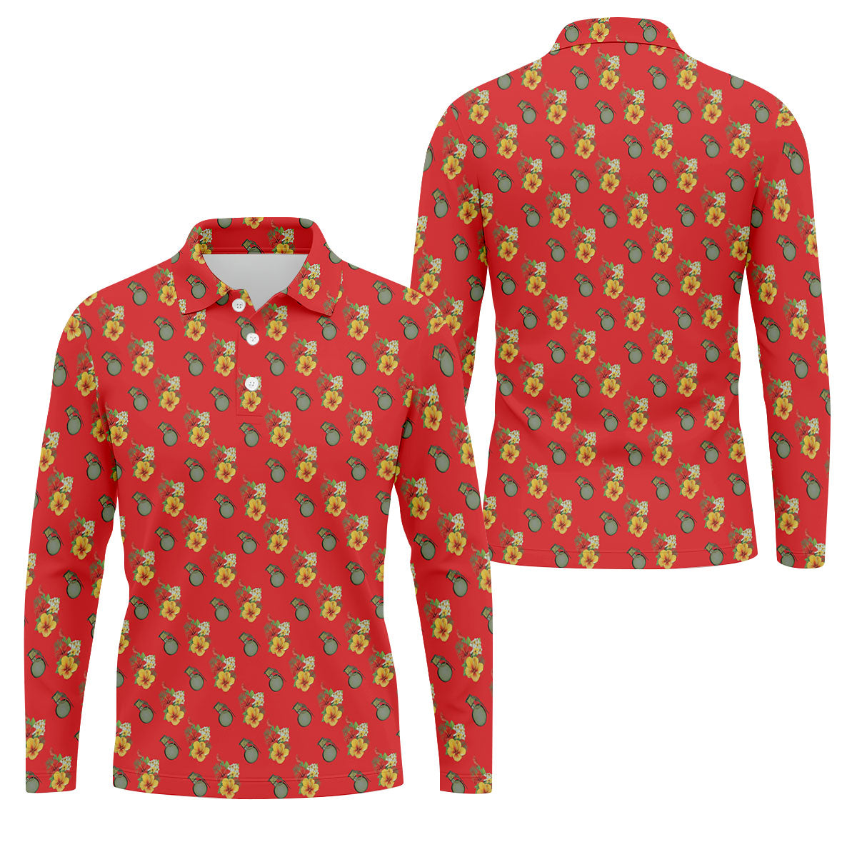 Hibiscus Flowers Green Grenades Seamless Pattern Red Golf Shirt, Golf Tops For Men, Golf Shirts For Men