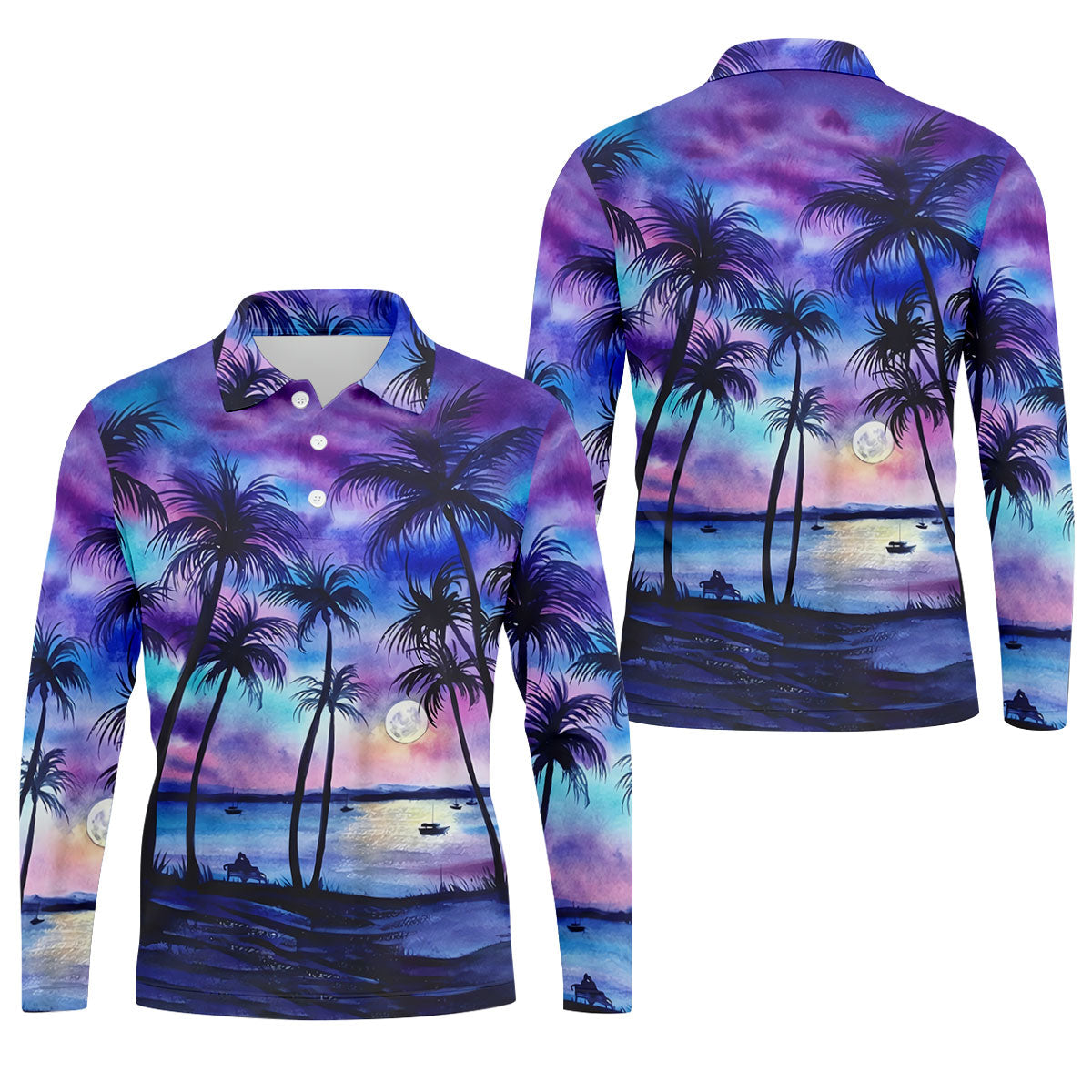 Moonlit Tropical Beach Palm Tree Design Hawaiian Golf Shirt, Golf Shirts For Men, Polo Shirts For Men