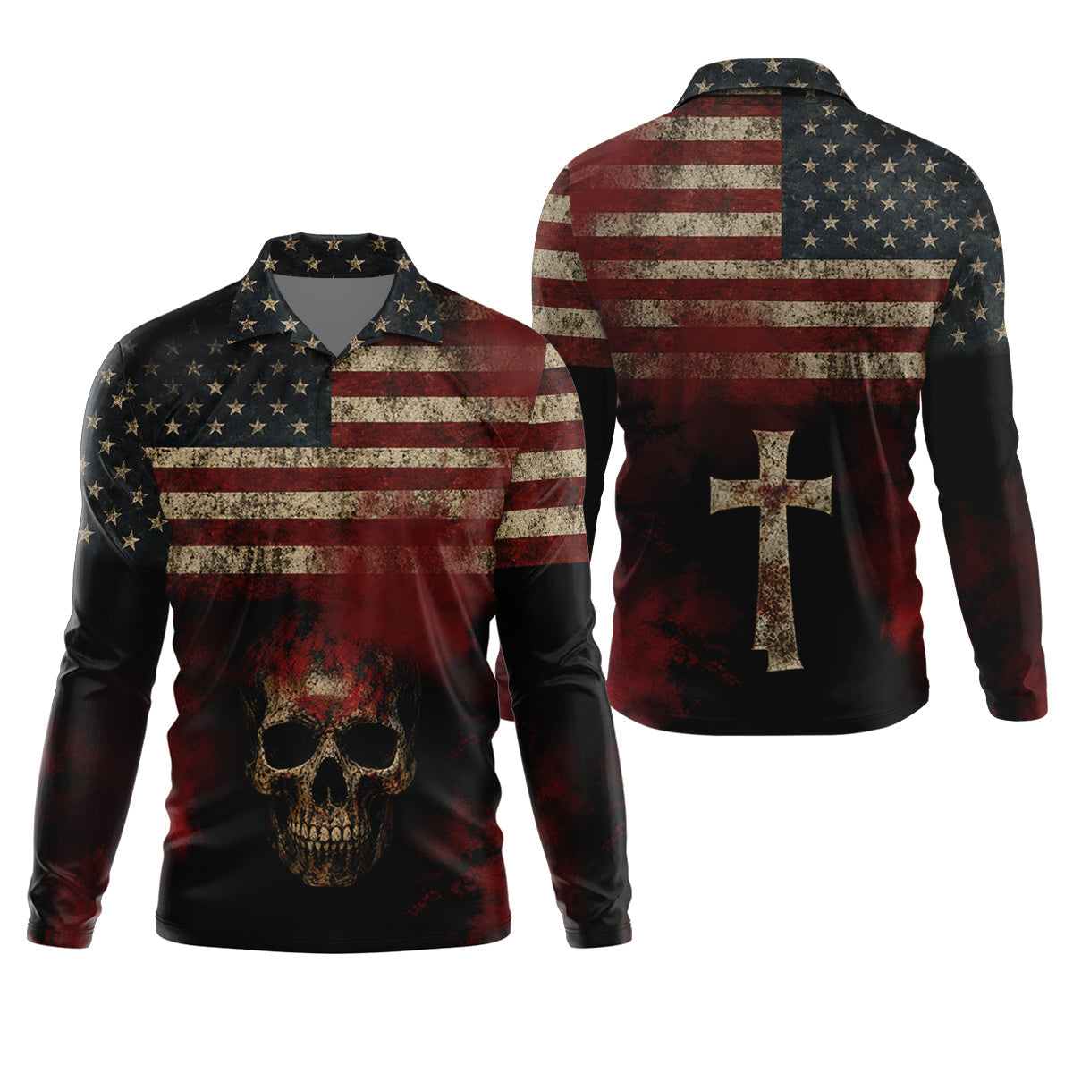 Cool Skull Faith Cross Distressed US Flag 4th Of July Golf Shirt, 250 Years Polo Shirtor Men