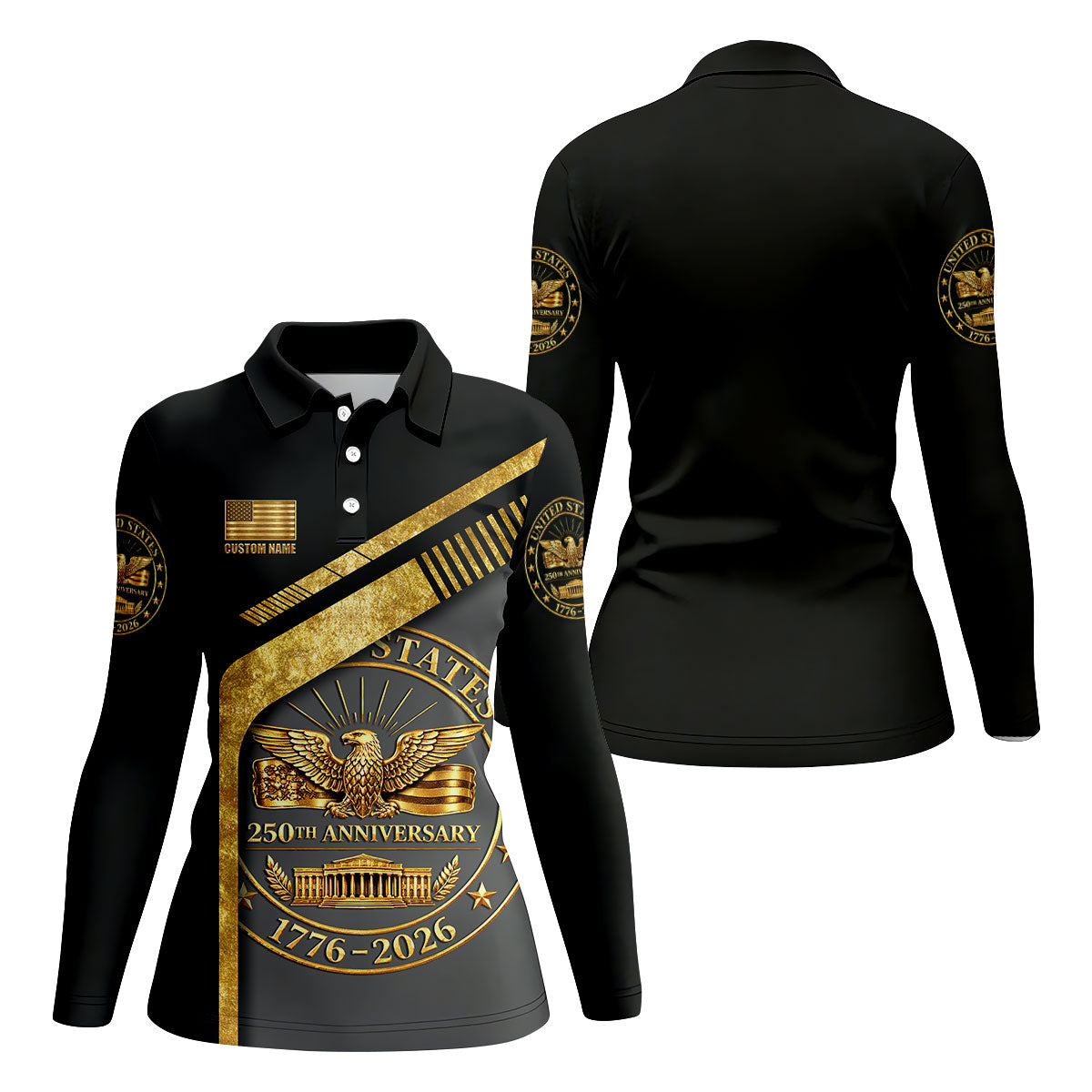 US 250th Anniversary Black And Gold Patriotic 4th Of July Golf Shirt, Custom Name Golf Shirt For Women