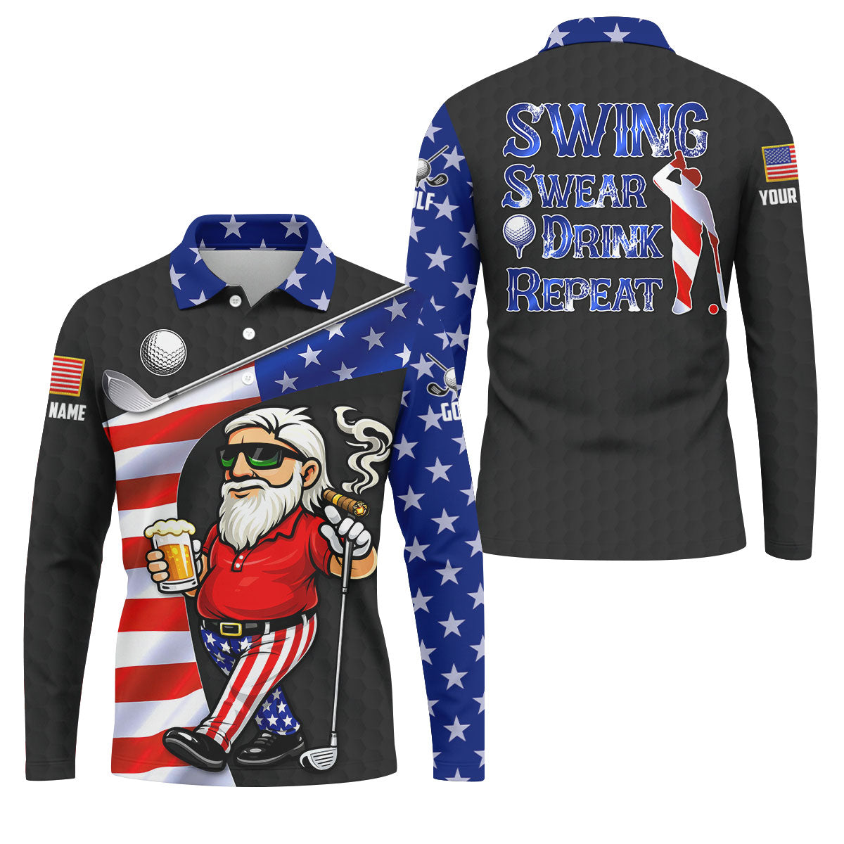 Swing Swear Drink Repeat Golf And Beer Patriotic Man 4th Of July Black Golf Shirt, 250 Years Golf Shirts For Men