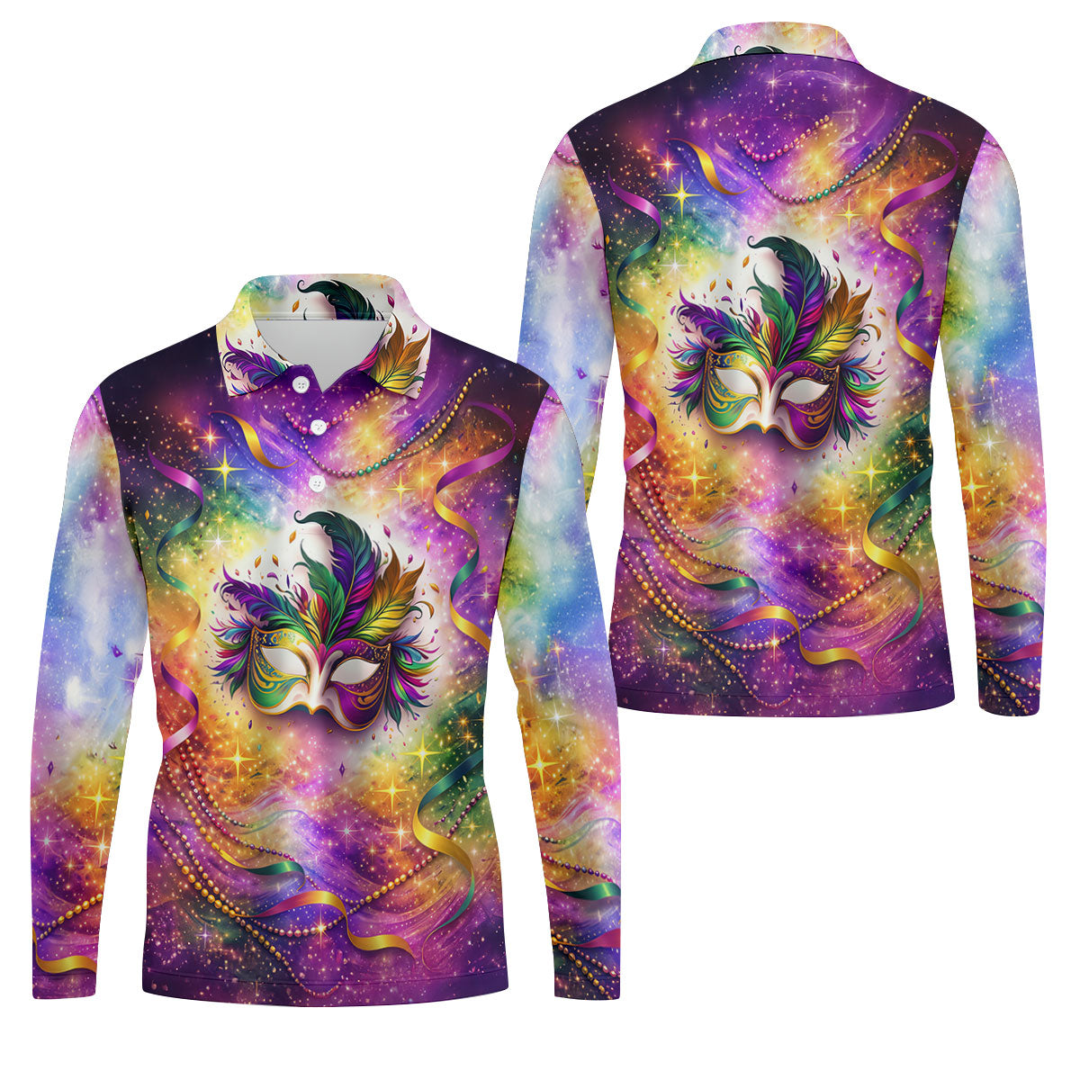 Carnival Mask Feather Print Purple Green Gold Dazzling Effect Mardi Gras Polo ShirtFor Men, Golf Shirts For Men