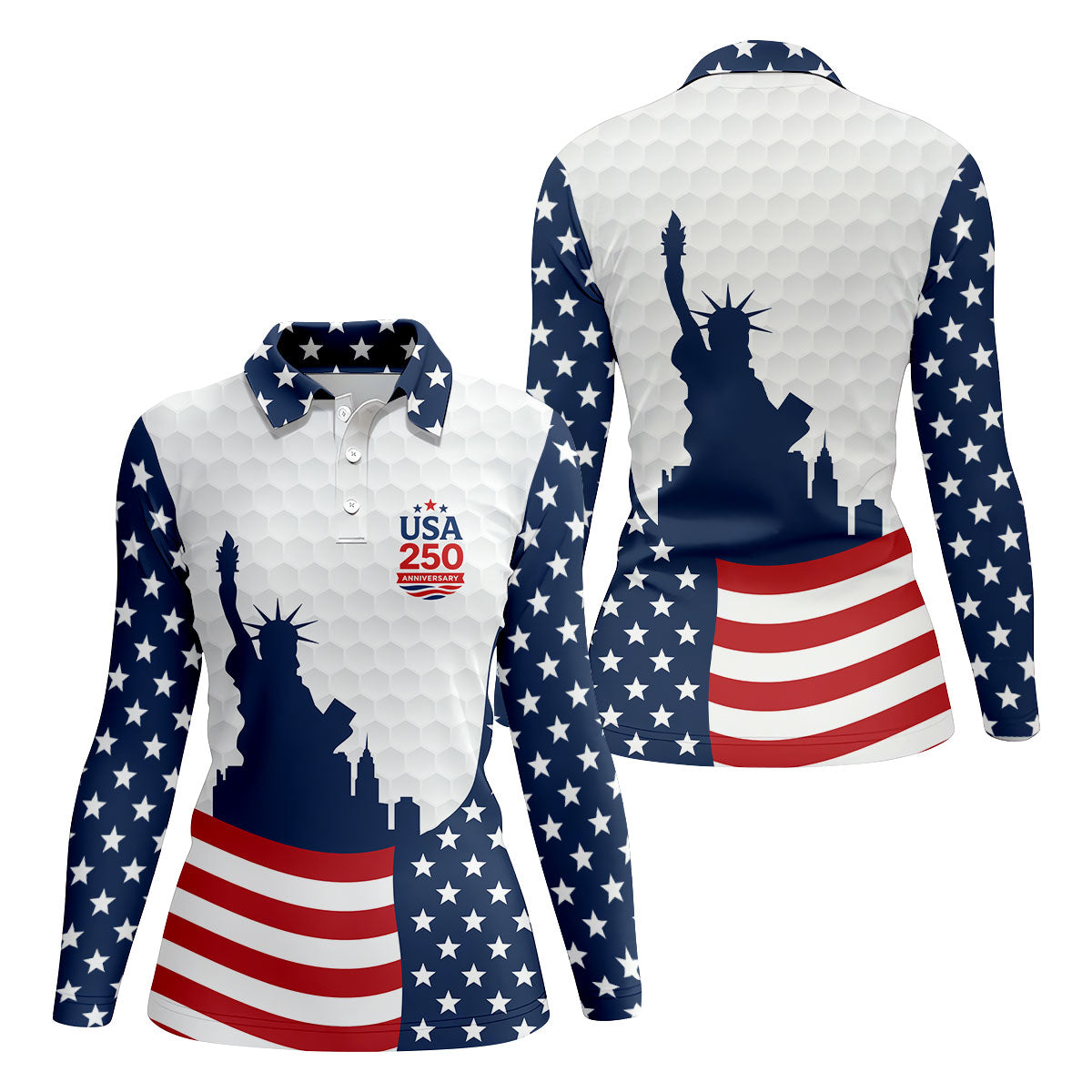 USA 250 Anniversary Silhouette Of Statue Of Liberty White Golf Shirt, 4th Of July Women's Golf Tops