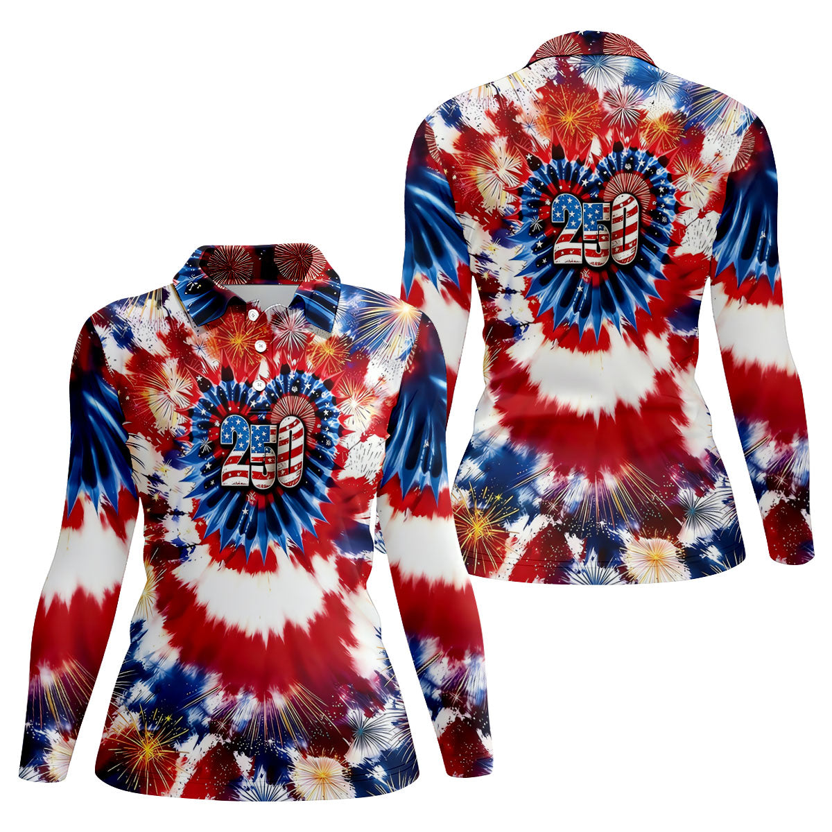 250 Years Red White Blue Tie Dye Print Patriotic Golf Shirt, 4th Of July Golf Shirt For Women