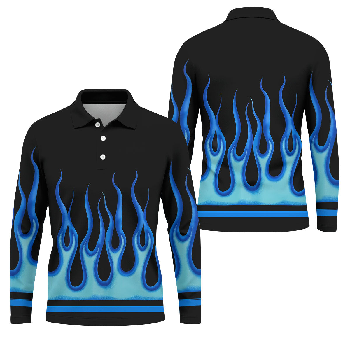 Black Blue Flame Sleeve Golf Shirt, Men's Golf Shirt, Golf Apparel For Men
