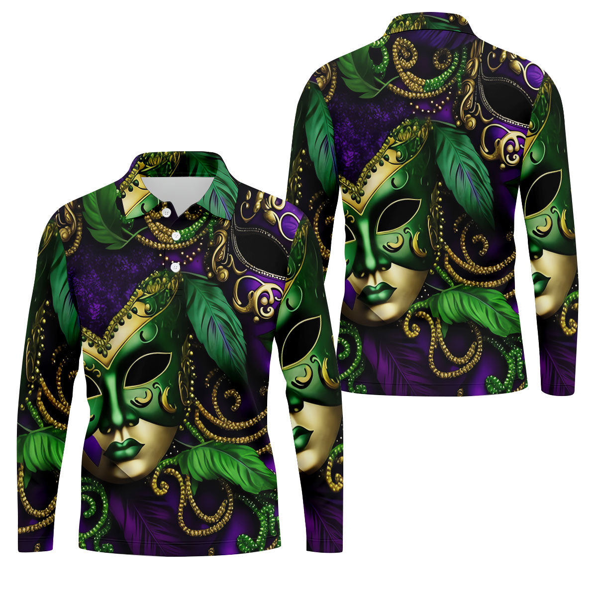 Purple Green Gold Carnival Mask Feather Print Mardi Gras Golf Shirt, Polo ShirtFor Men, Golf Shirts For Men