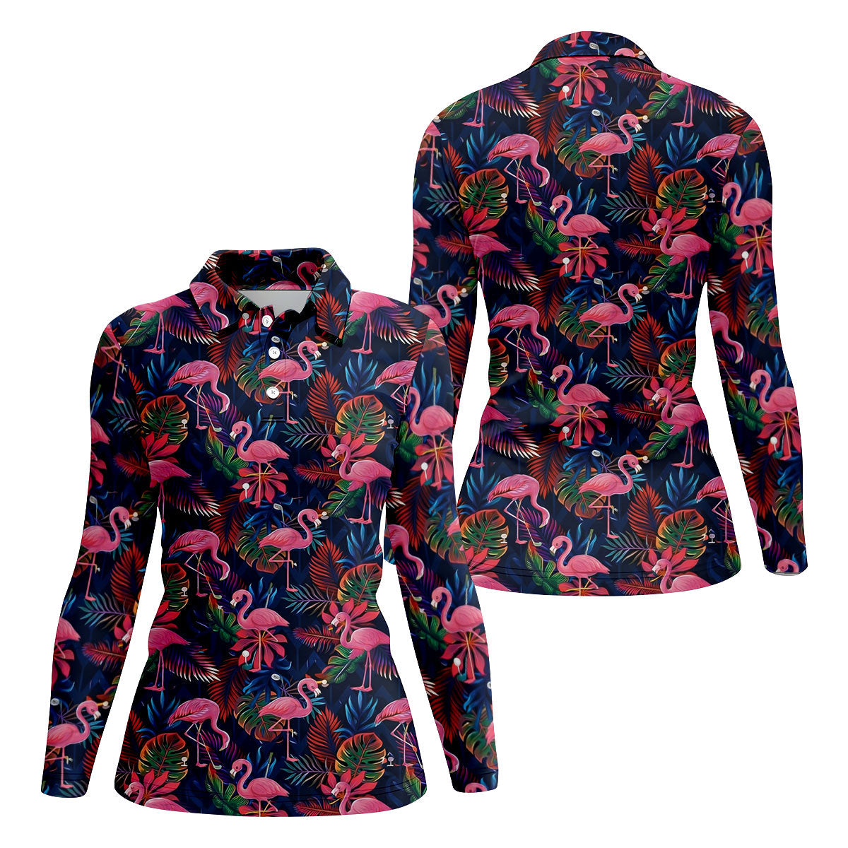 Dark Tropical Pink Flamingo Pattern Golf Shirt, Women’s Golf Apparel, Hawaiian Golf Shirt, Golf Polo For Women