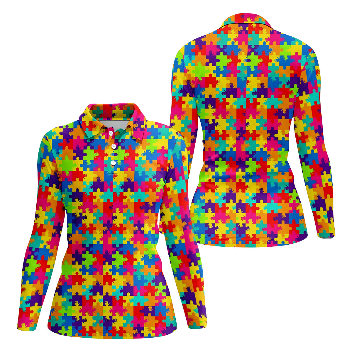 Colorful Handprints Autism Awareness Puzzle Golf Shirt For Women, Ladies Golf Shirts, Women's Polo Shirt