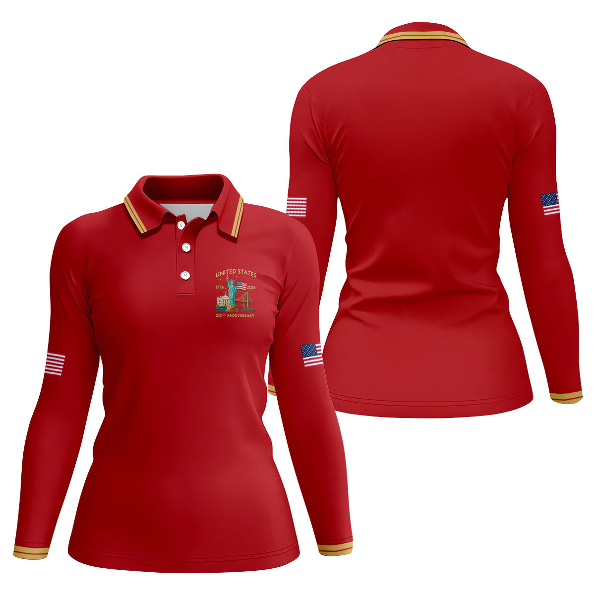 American Symbols Red Patriotic Golf Shirt, US 250 Years 4th Of July Golf Shirt For Women
