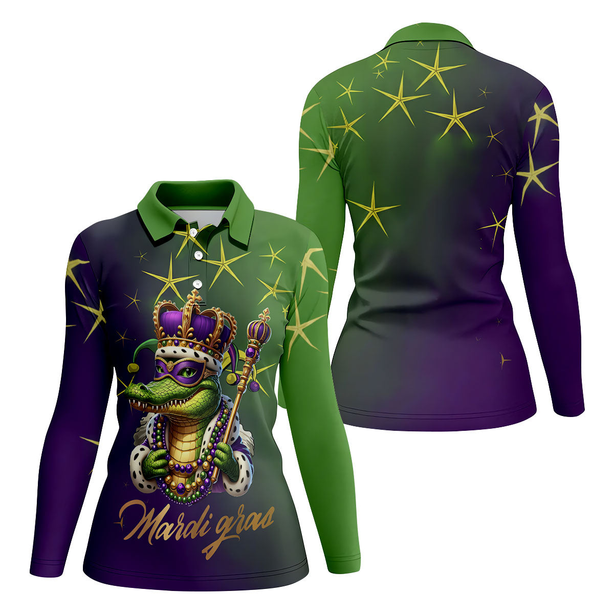 Mardi Gras Aligator Crown Mask Purple Green Gold Women's Golf Shirts, Women's Golf Tops, Ladies Golf Shirts