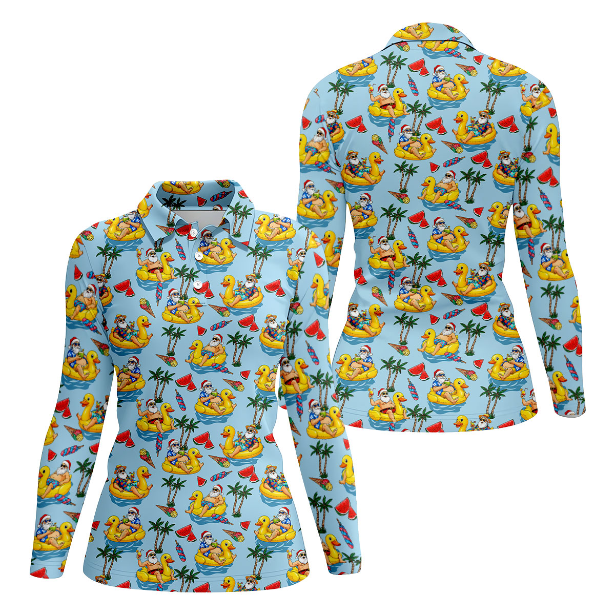Women's Santa Duck Pool Float Hawaiian Golf Shirt, Christmas Golf Shirt, Women’s Golf Polo