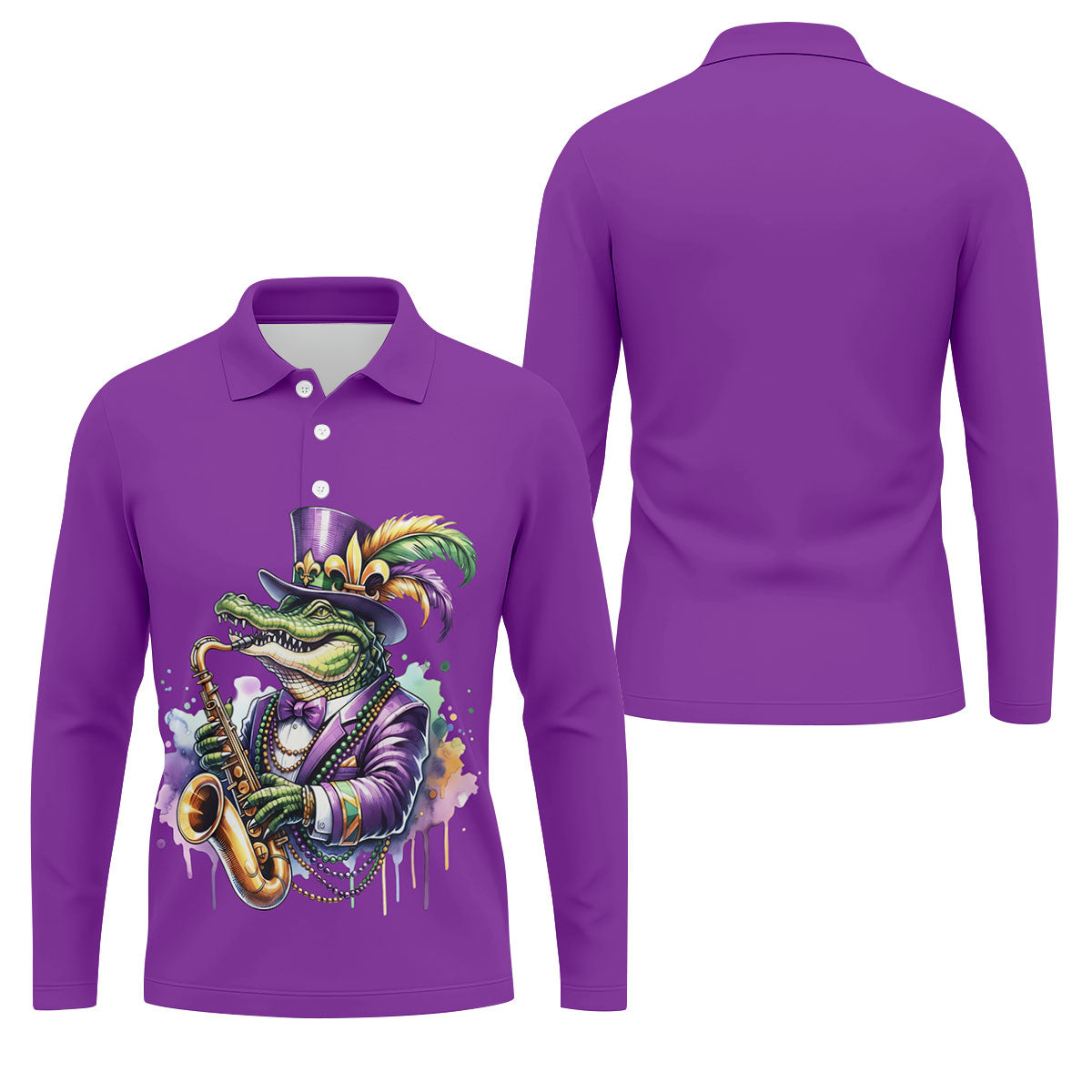 Mardi Gras Alligator Playing Saxophone Purple Golf Shirt, Golf Shirts For Men, Polo ShirtFor Men