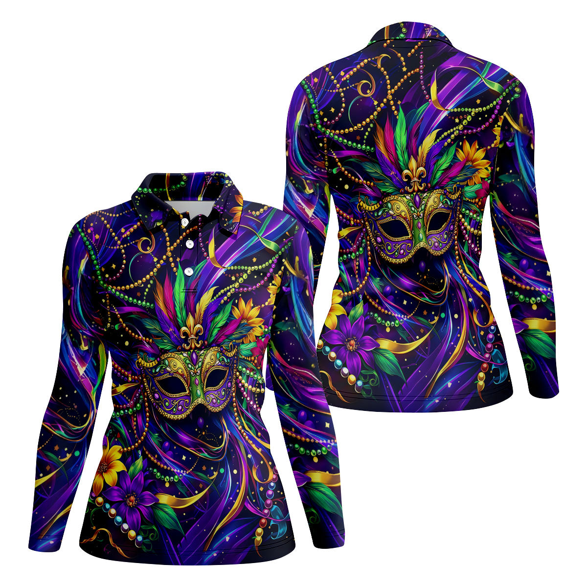 Mardi Gras Beads Ribbons Feather Masquerade Mask Print Golf Shirt, Polo Shirts Womens, Ladies Golf Shirt