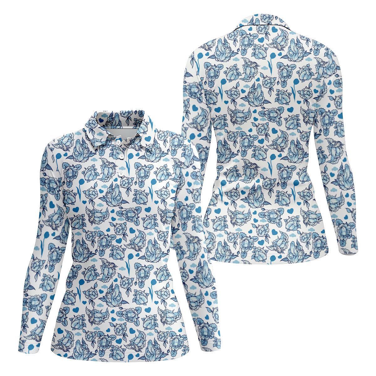 Blue Rose Floral Heart Pattern Golf Shirt, Women's Golf Tops, Golf Polo For Women