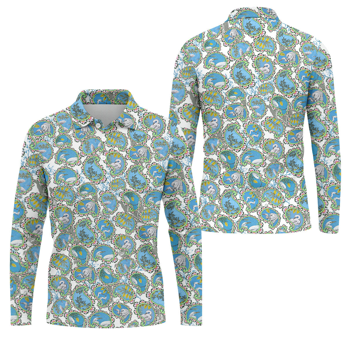 Paisley Flowers Heron Painting Print Golf Shirt, Polo Shirtor Men, Golf Shirts For Men