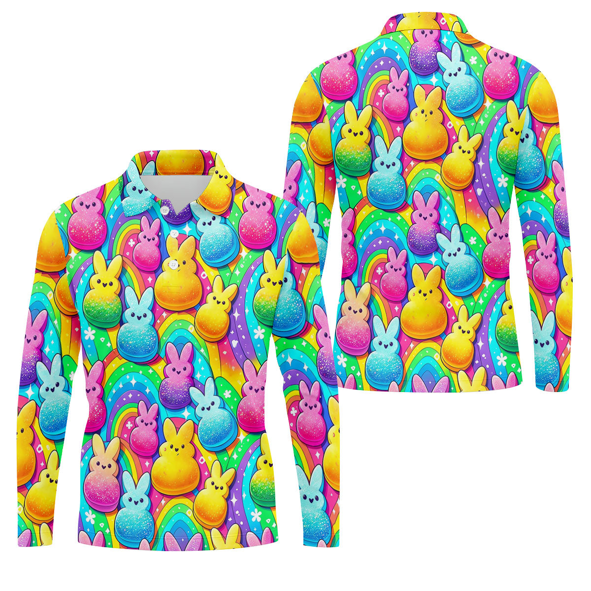 Colorful Easter Peeps Rainbow Pattern Golf Shirts For Men, Cute Golf Outfit, Polo ShirtFor Men