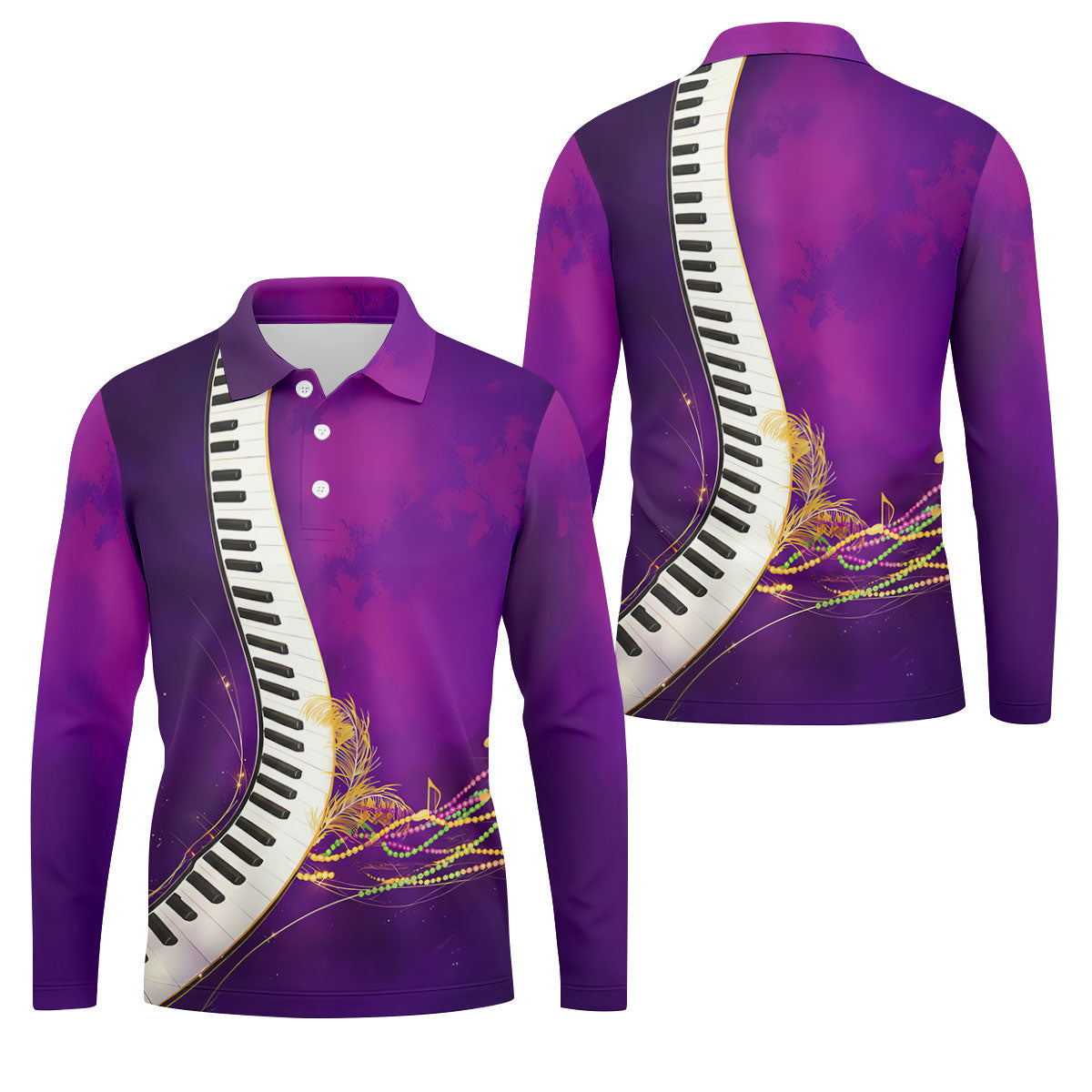 Mardi Gras Feather Beads Piano Keyboard Print Purple Golf Shirt, Polo ShirtFor Men, Golf Shirts For Men