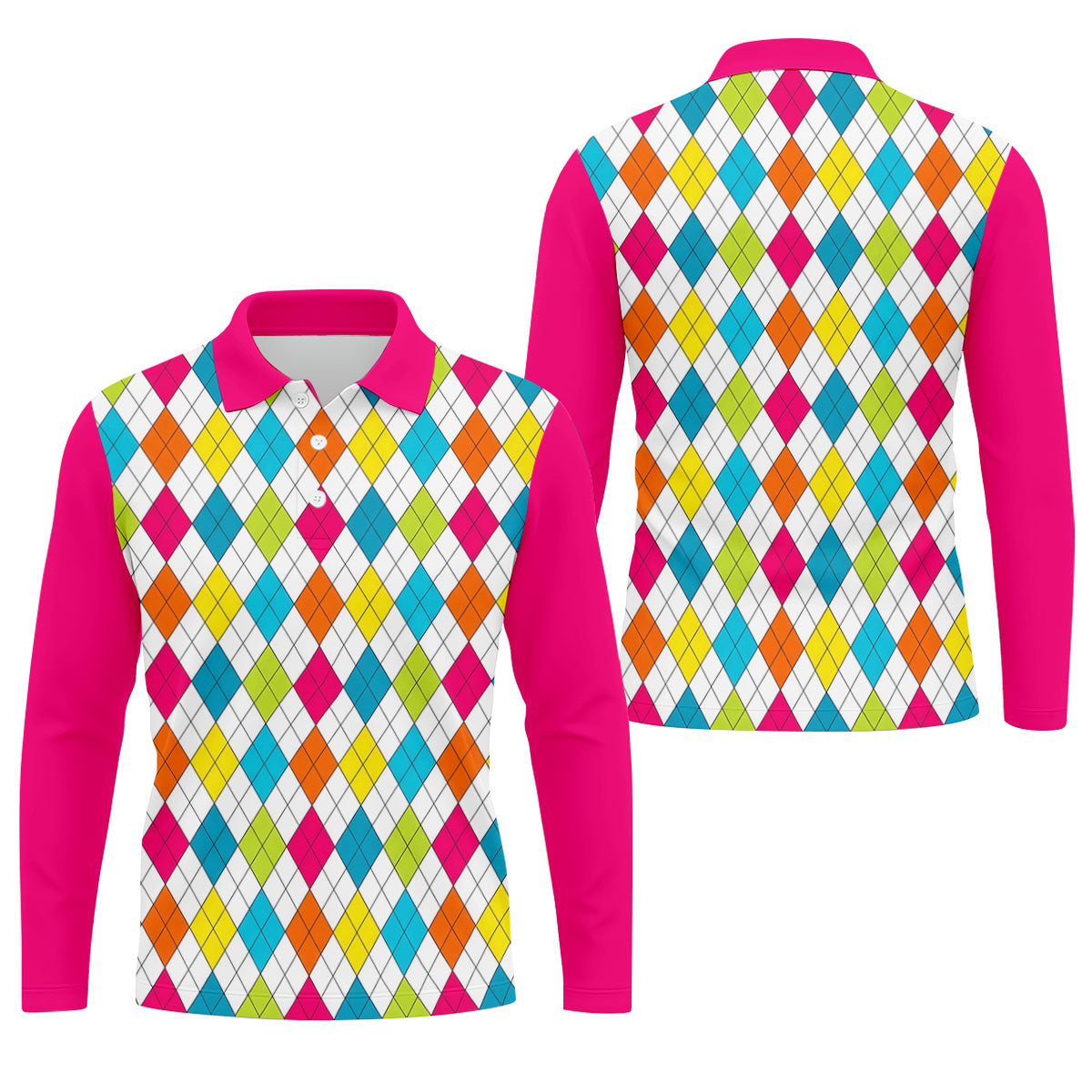 Pink Sleeve Colorful Argyle Plaid Golf Shirt, Mens Golf Polo, Printed Golf Shirts