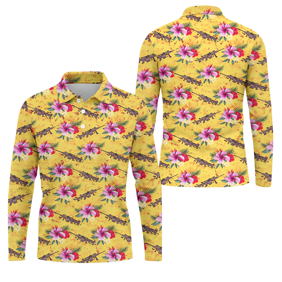 Floral Pattern Army Theme Hawaiian Yellow Golf Shirt, Men's Golf Polo Shirtlf Shirts For Men