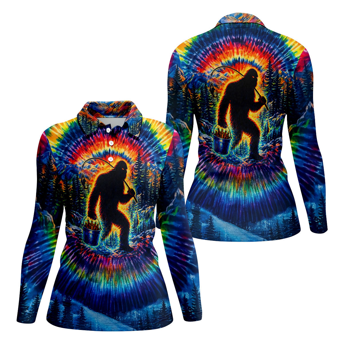 Tie Dye Bigfoot Fishing Forest Golf Shirt, Women’s Golf Apparel, Golf Tops For Women