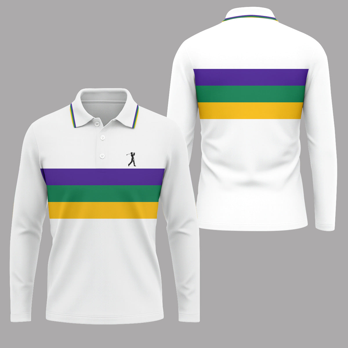 Mardi Gras Purple Green Gold Horizontal Stripes White Golf Shirt, Golf Tops For Men, Polo ShirtFor Men