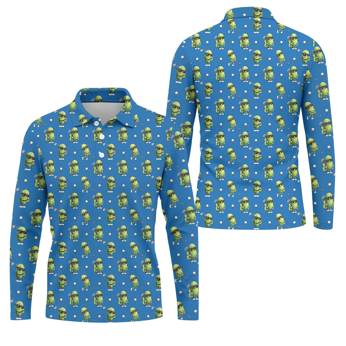 Cartoon Cactus Golfer Blue Golf Shirt, Mens Golf Polo, Golf Apparel For Men, Printed Golf Shirts