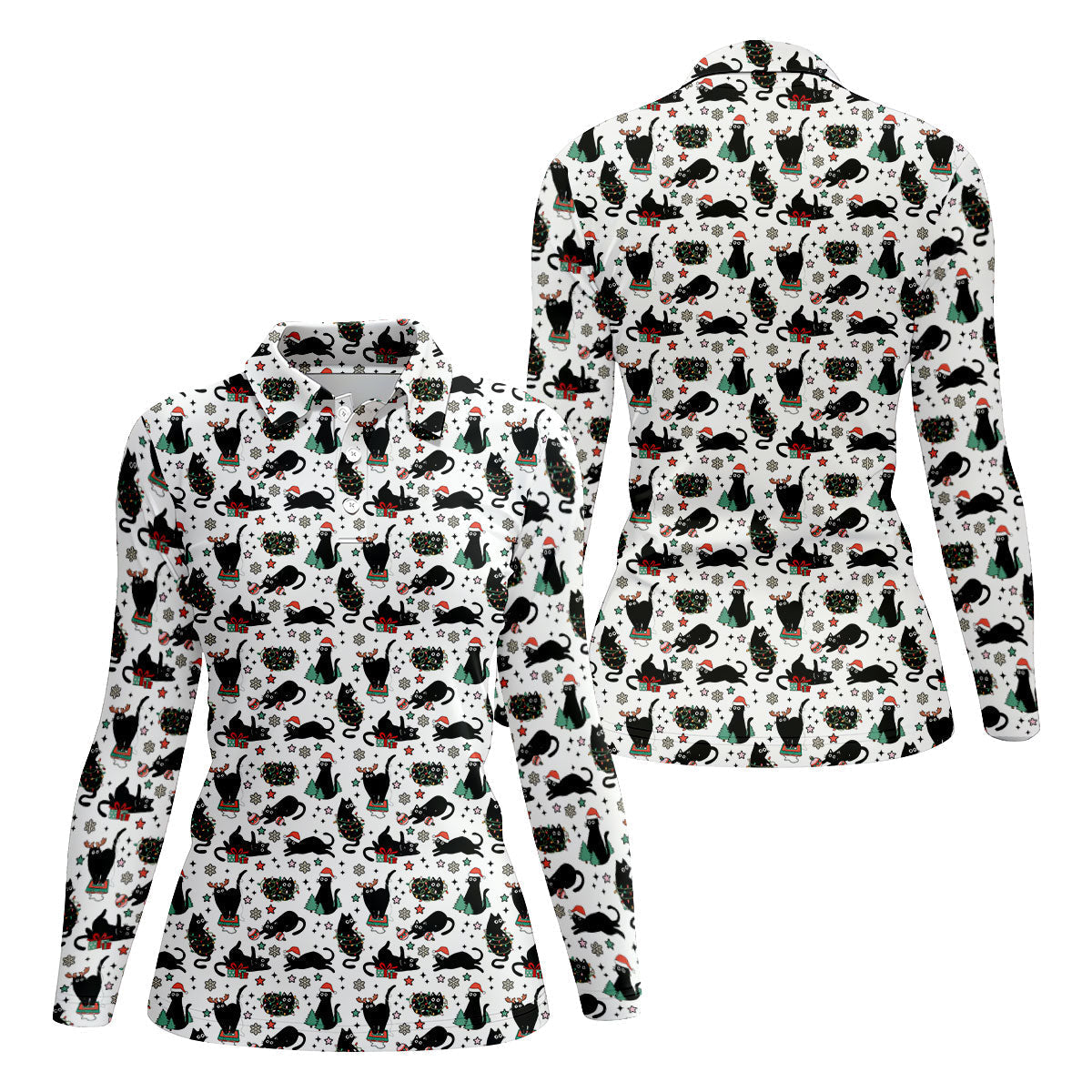 Xmas Black Cat Women's Golf Shirts, Ladies Golf Tops, Golf Gifts For Women, Christmas Golf Shirt