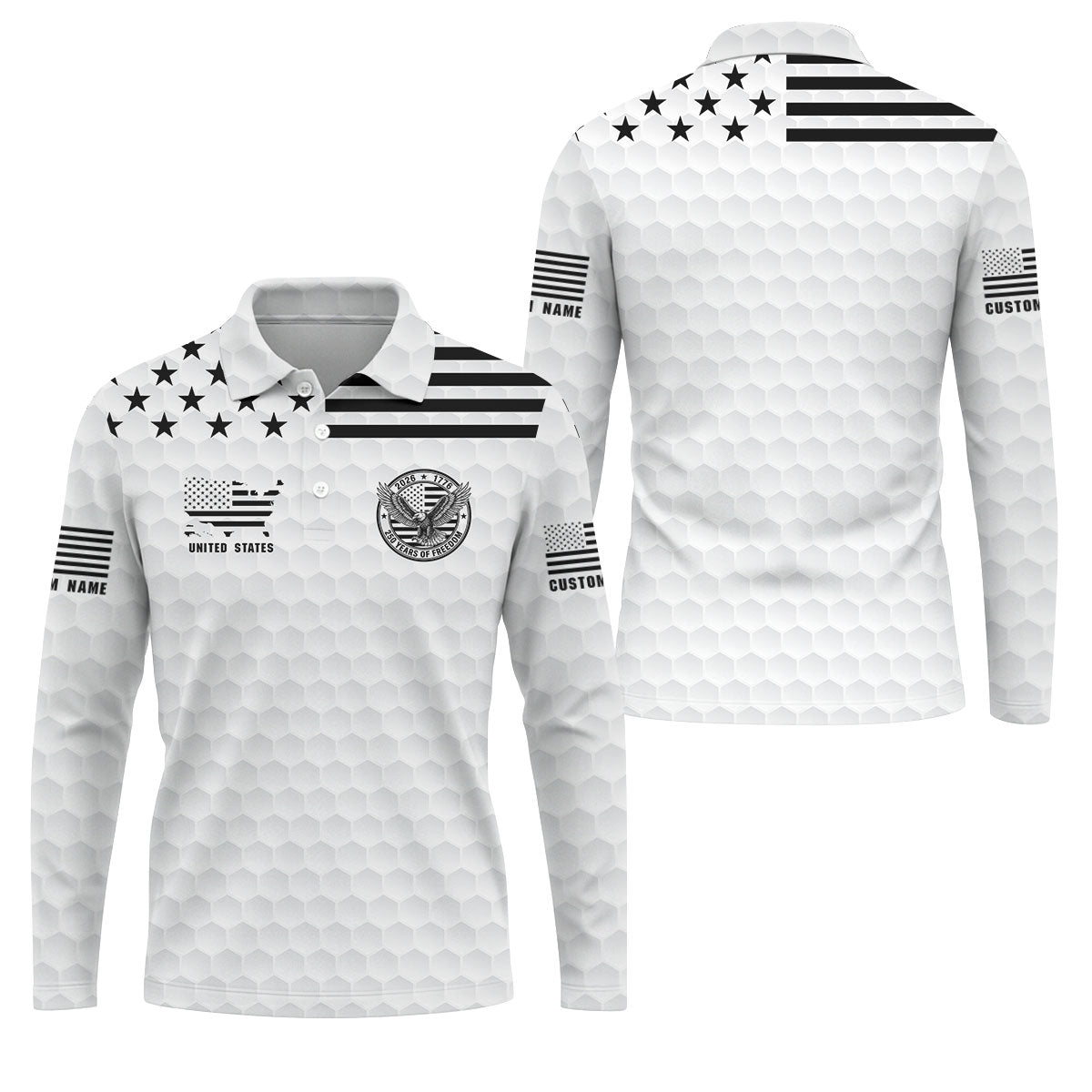 250 Years Of Freedom Golf Ball Pattern White Golf Shirt, 4th Of July Patriotic Golf Shirts For Men