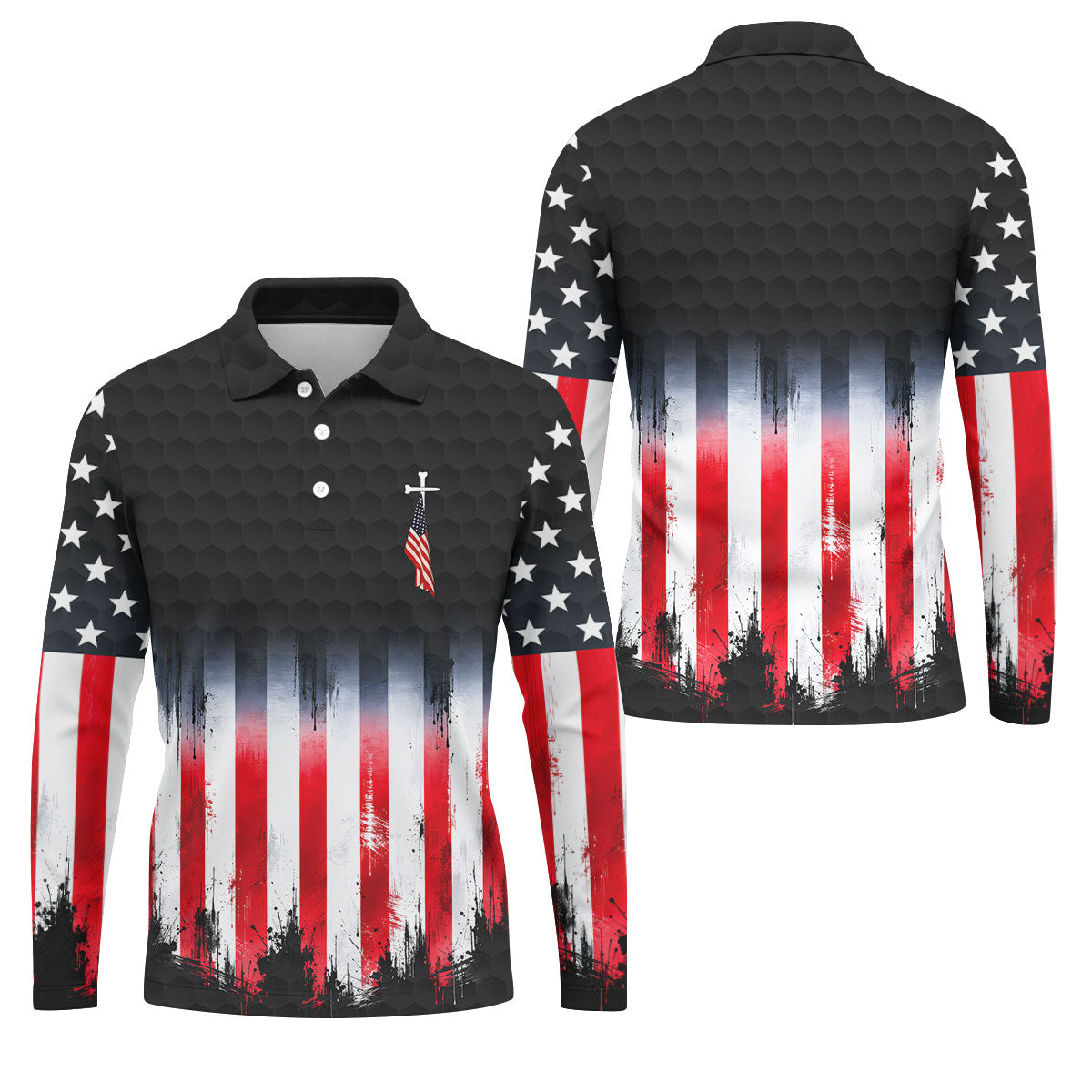 Faith Cross American Flag Patriotic Golf Ball Pattern 4th Of July Golf Shirt, 250th Anniversary Golf Shirts For Men