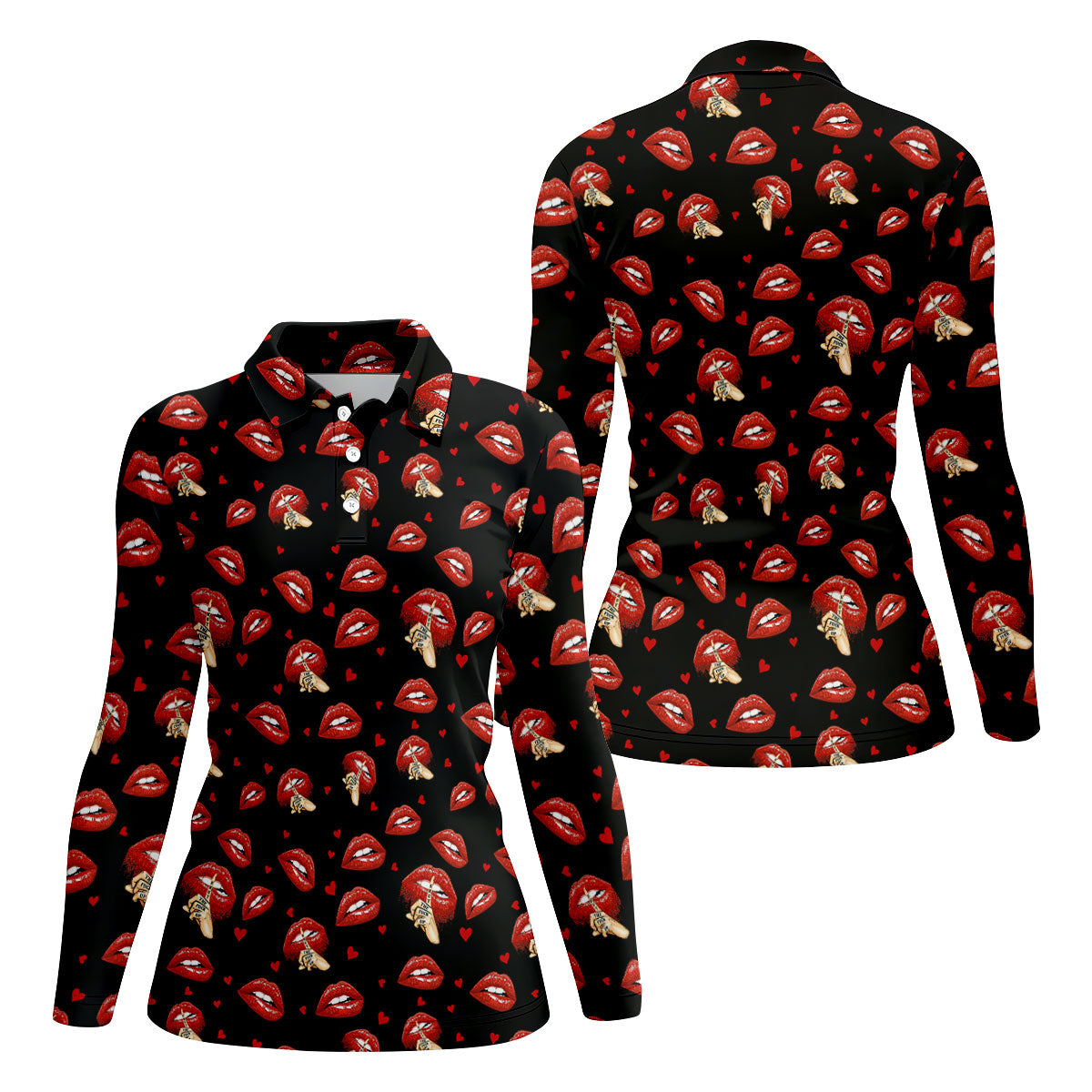 Sassy Red Lips Golf Shirt, Funny Valentine Pattern Design, Women’s Golf Polo