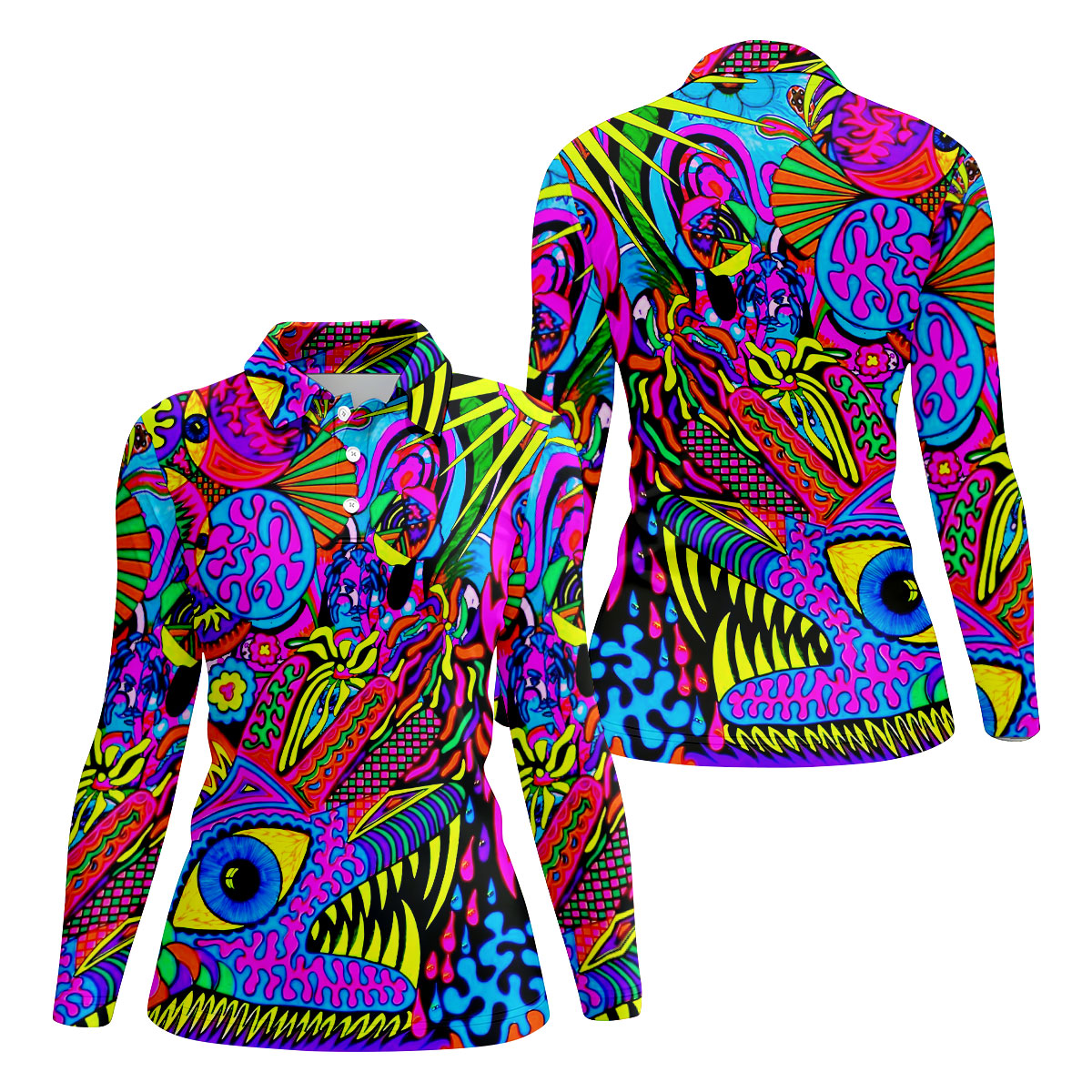 Neon Psychedelic Abstract Eye Pattern Golf Shirt, Women's Golf Tops, Women’s Golf Apparel, Performance Golf Shirt