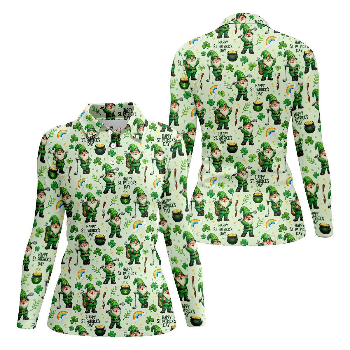 Happy St Patrick's Day Gnome Shamrock Golf Shirt, Funny Golf Shirts Women, Ladies Golf Polos