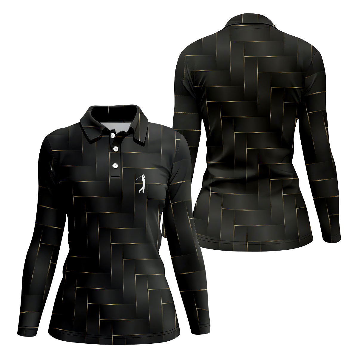Black And Gold Geometric 3D Pattern Women's Golf Tops, Golf Shirt For Women, Ladies Golf Shirts