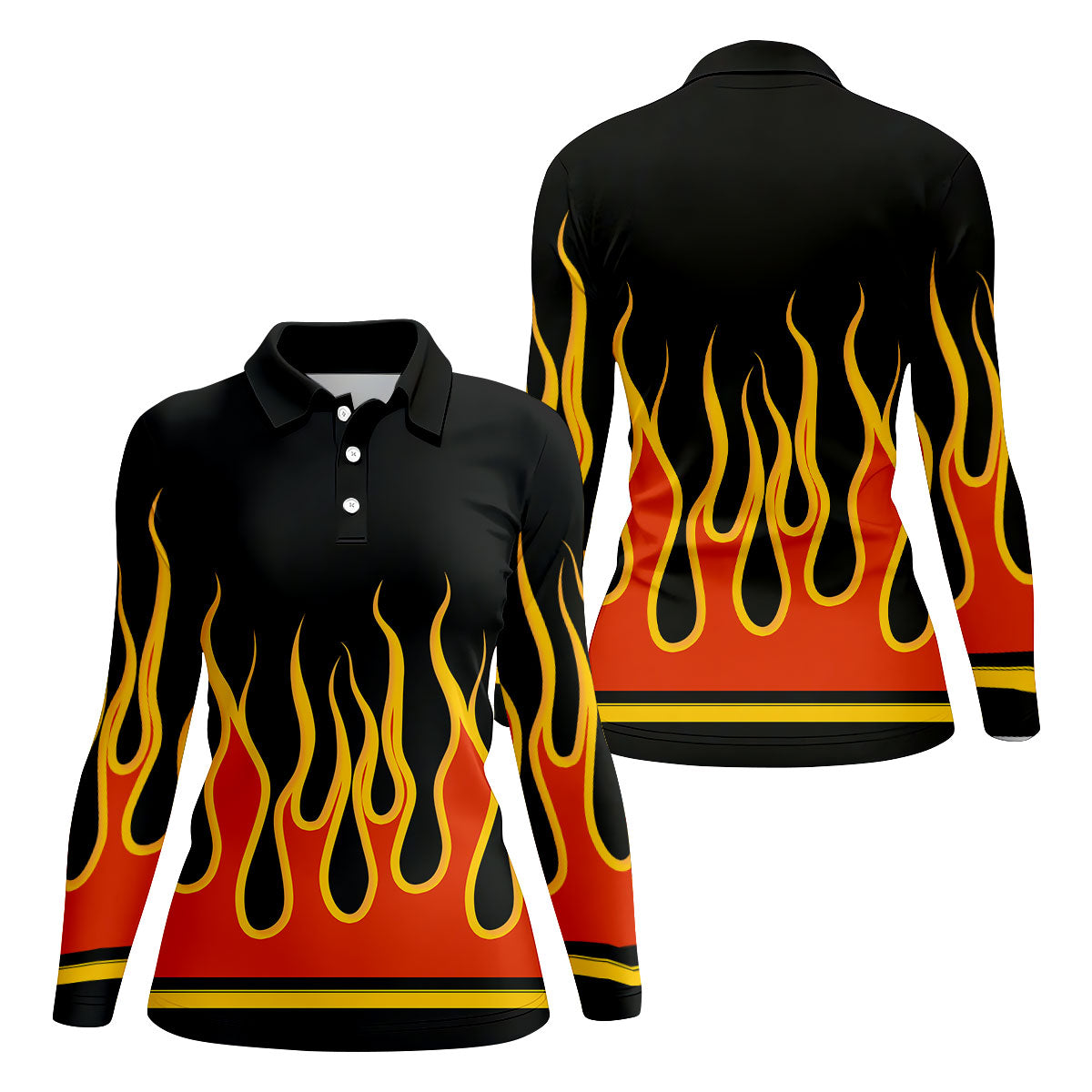 Black Orange Yellow Flame Sleeve Golf Shirt, Golf Polo For Women, Printed Golf Shirt