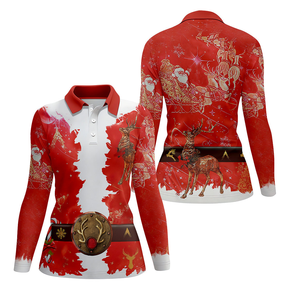 Santa Claus Christmas Print Fun Women's Golf Shirts, Cute Golf Outfit, Ladies Golf Shirts, Golfing Apparel