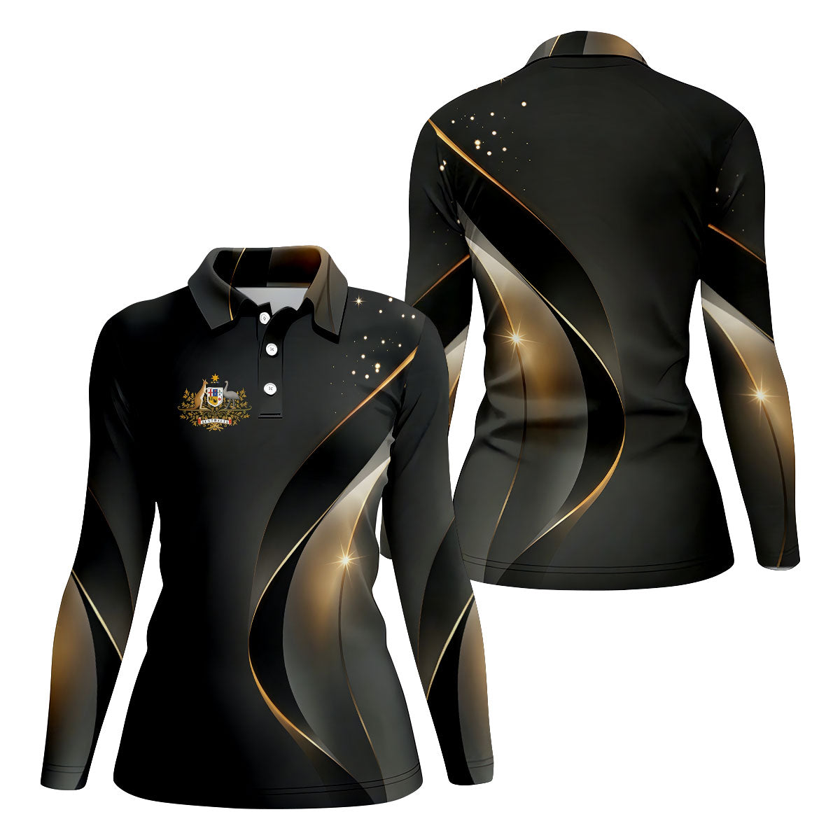 Australian Coat Of Arms Black And Gold Gradient Ladies Golf Tops, Golf Shirt For Women